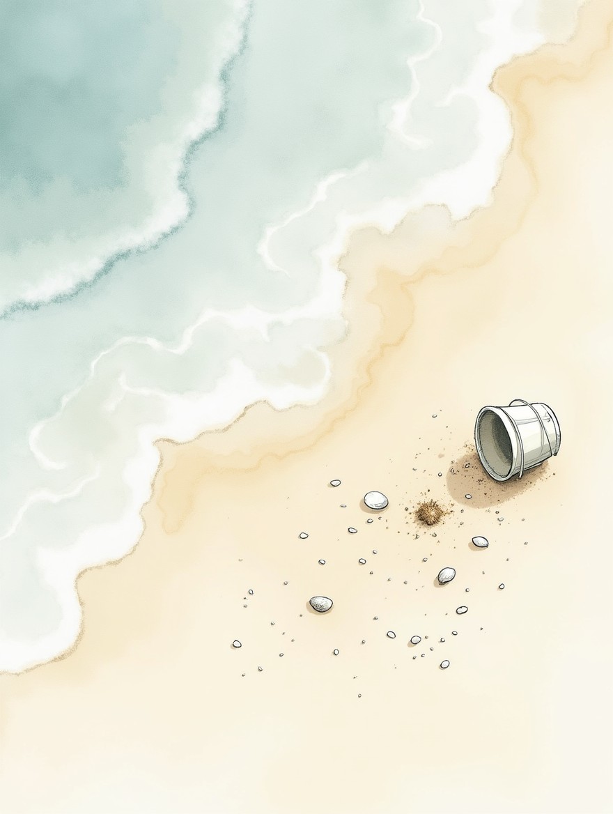 A watercolor illustration with edges fading in color, depicting a sandy beach viewed from above