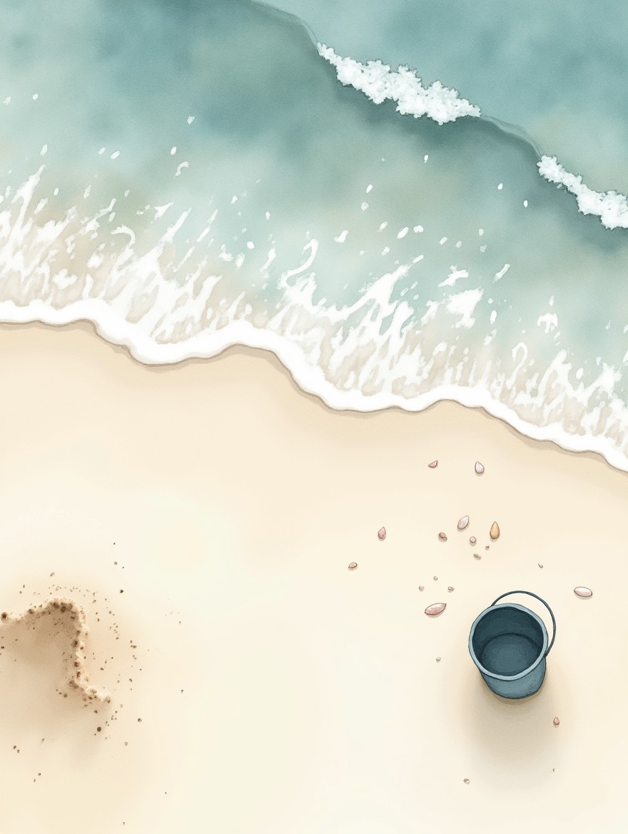 A watercolor-style image depicting a view from above of a beach, with the edges fading in color as if someone is looking down