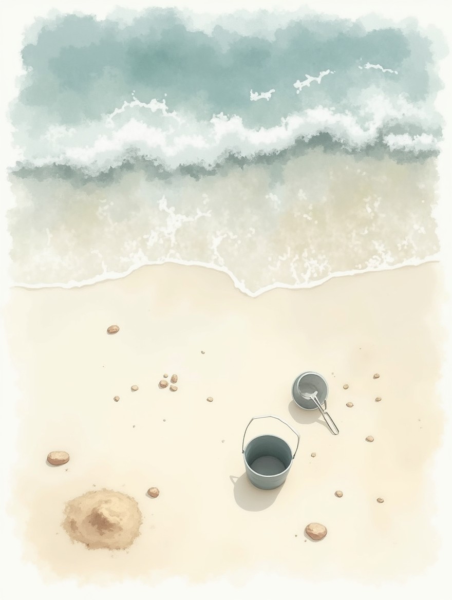 A watercolor-style image with a fading border effect, depicting a view from above of a beach scene, where waves are encroaching upon the sand