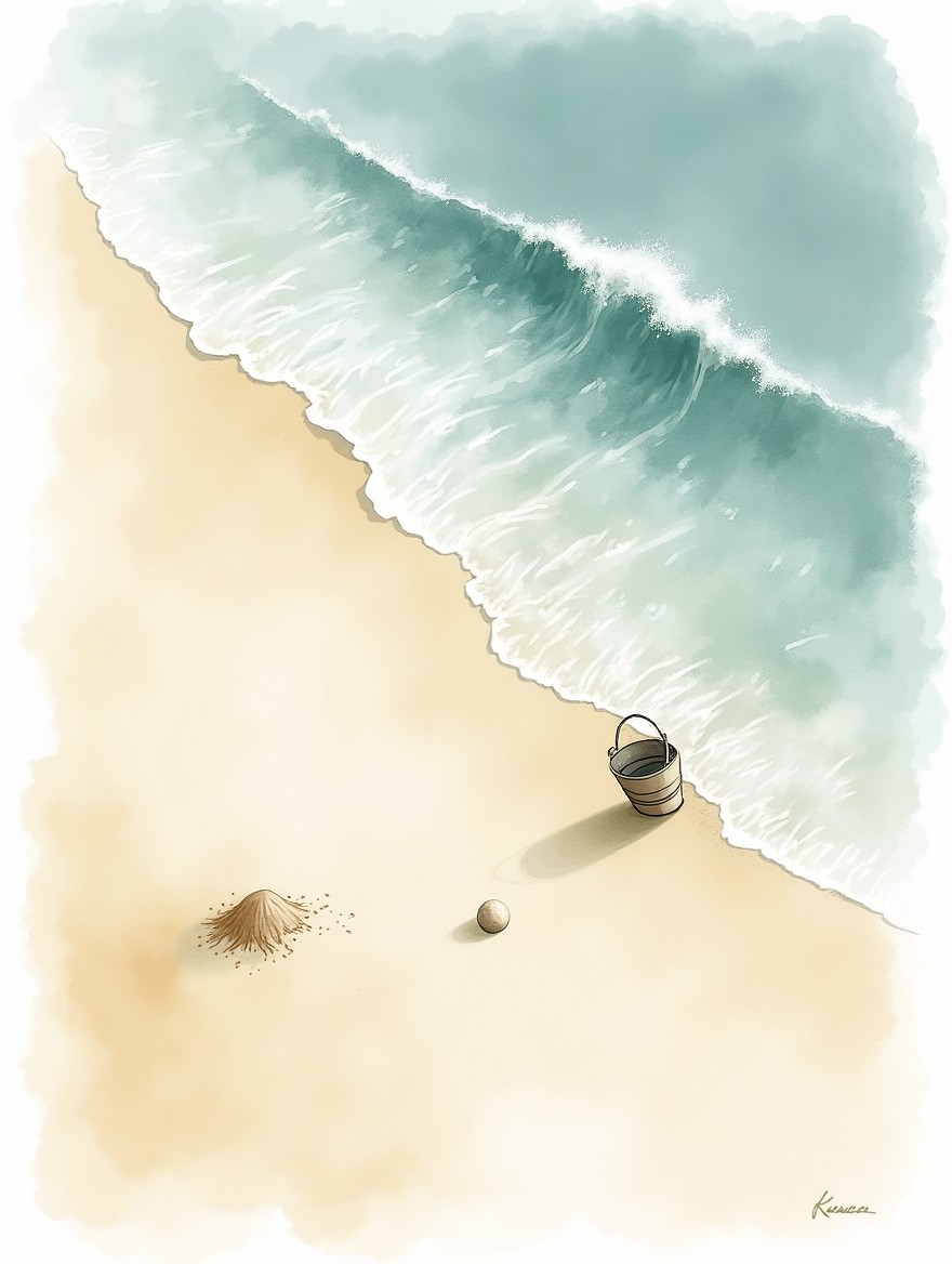 A watercolor-style image with soft edges fading in color, depicting a bird's-eye view of a sandy beach with a wave crashing in