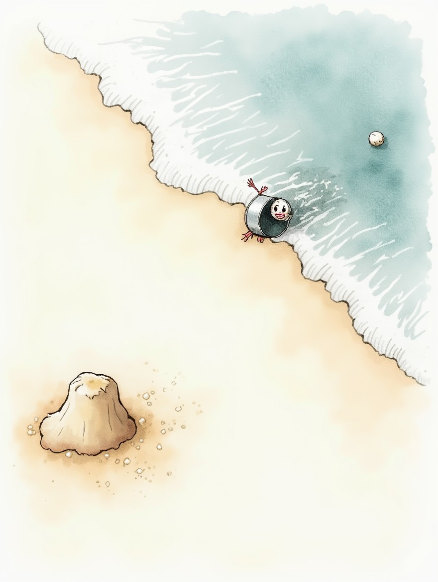 A watercolor drawing with fading edges, depicting a bird's-eye view of a beach with sand, featuring a pile of sand in the left corner and a tipped-over bucket being carried away by the wave in the right corner, as if the wave has taken them far away