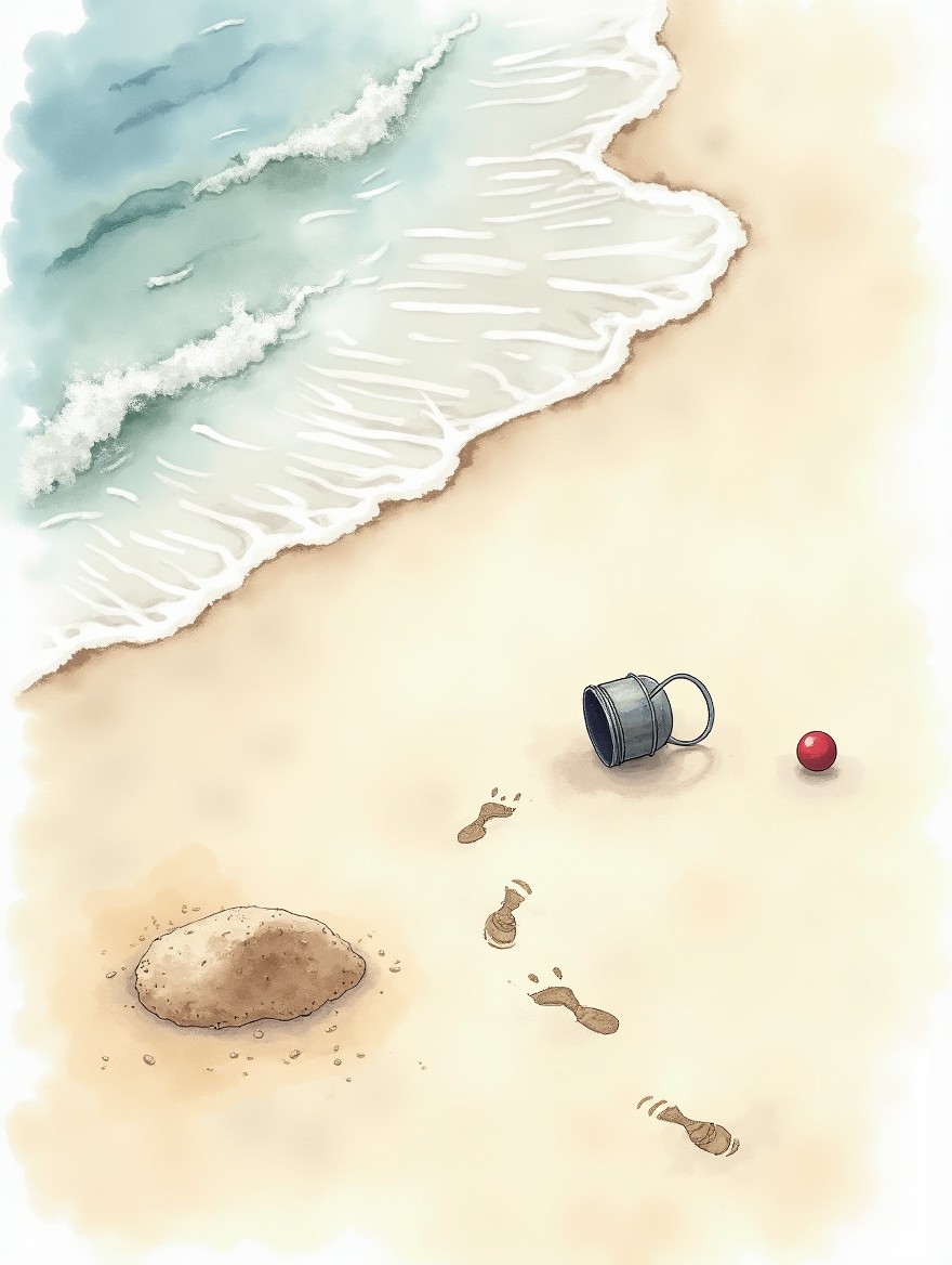 A watercolor image with fading edges, depicting a bird's-eye view of a sandy beach