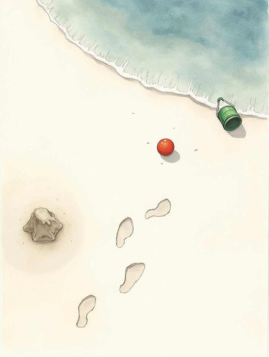 A watercolor drawing with fading edges, showcasing a bird's-eye view of a beach scene