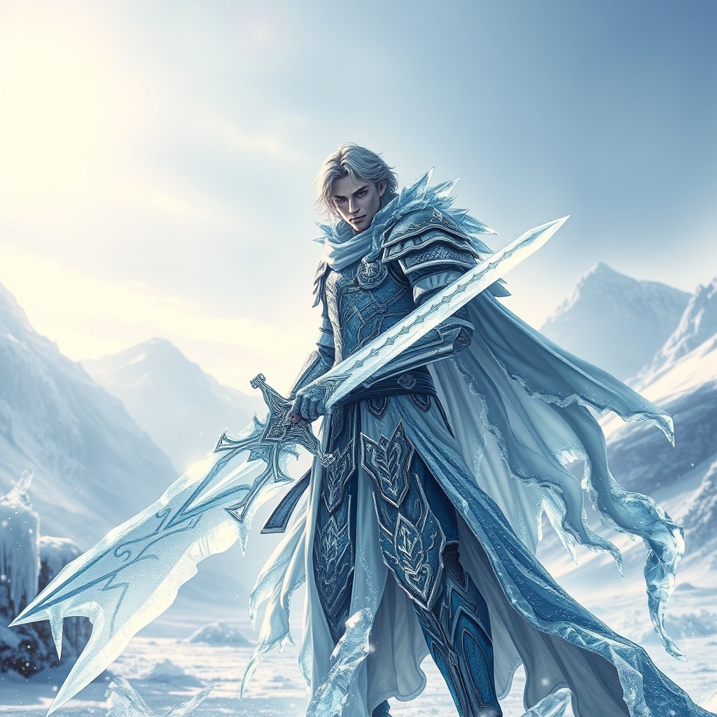 A male ice swordsman, depicted in an epic fantasy scene