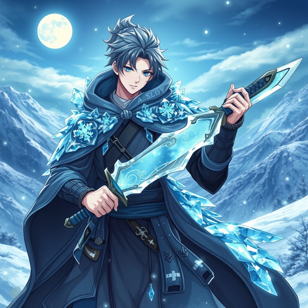 A male ice swordsman inspired by the 'Demon Slayer' aesthetic, embodying elements of both ice magic and anime