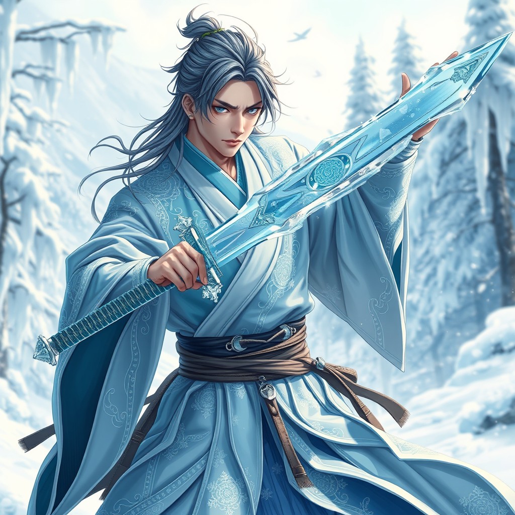 A male ice swordsman inspired by 'Demon Slayer', dressed in a beautifully detailed kimono with intricate ice motifs and patterns