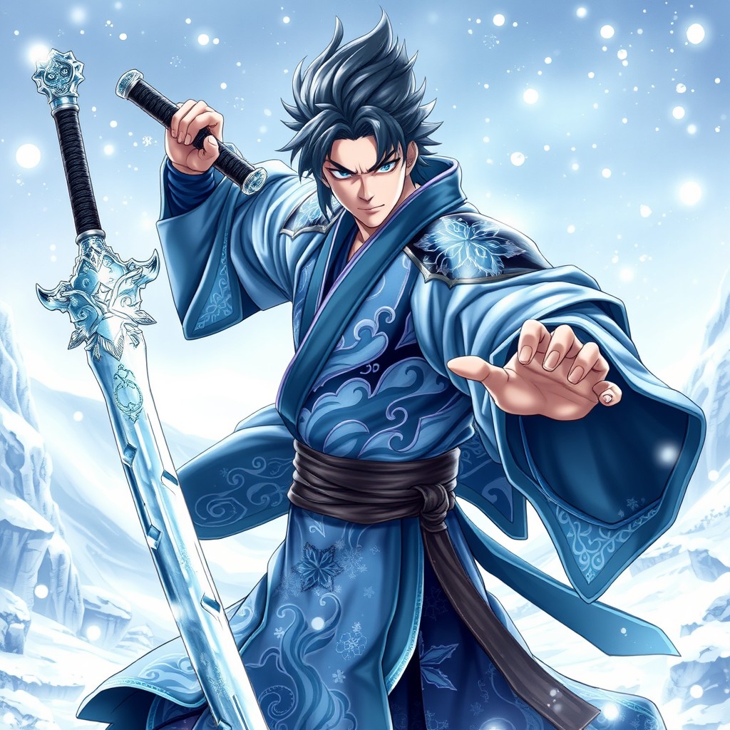 A male ice swordsman inspired by the aesthetic of 'Demon Slayer', depicted in a powerful stance wearing a beautifully crafted kimono that features intricate ice-themed patterns