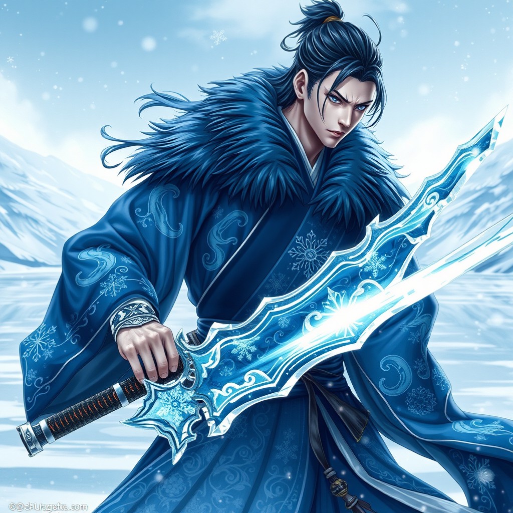 A male ice swordsman inspired by 'Demon Slayer', dressed in an elegant kimono adorned with intricate designs featuring icy patterns and snowflakes