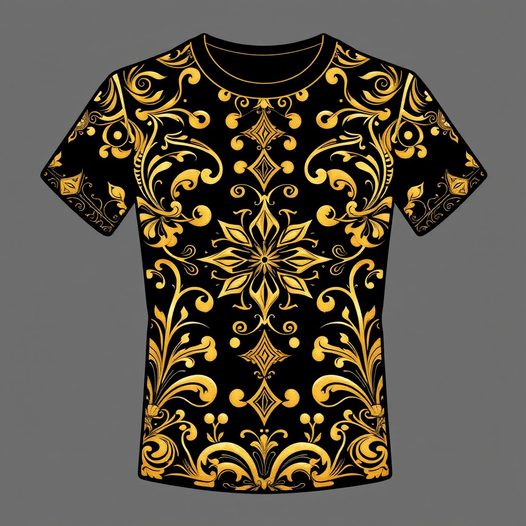 A detailed black and gold t-shirt design featuring intricate patterns and textures