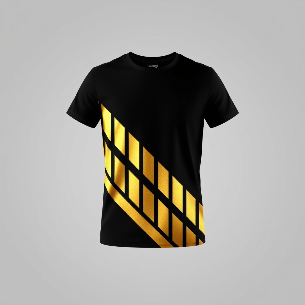 A stylish black t-shirt design featuring striking golden stripes