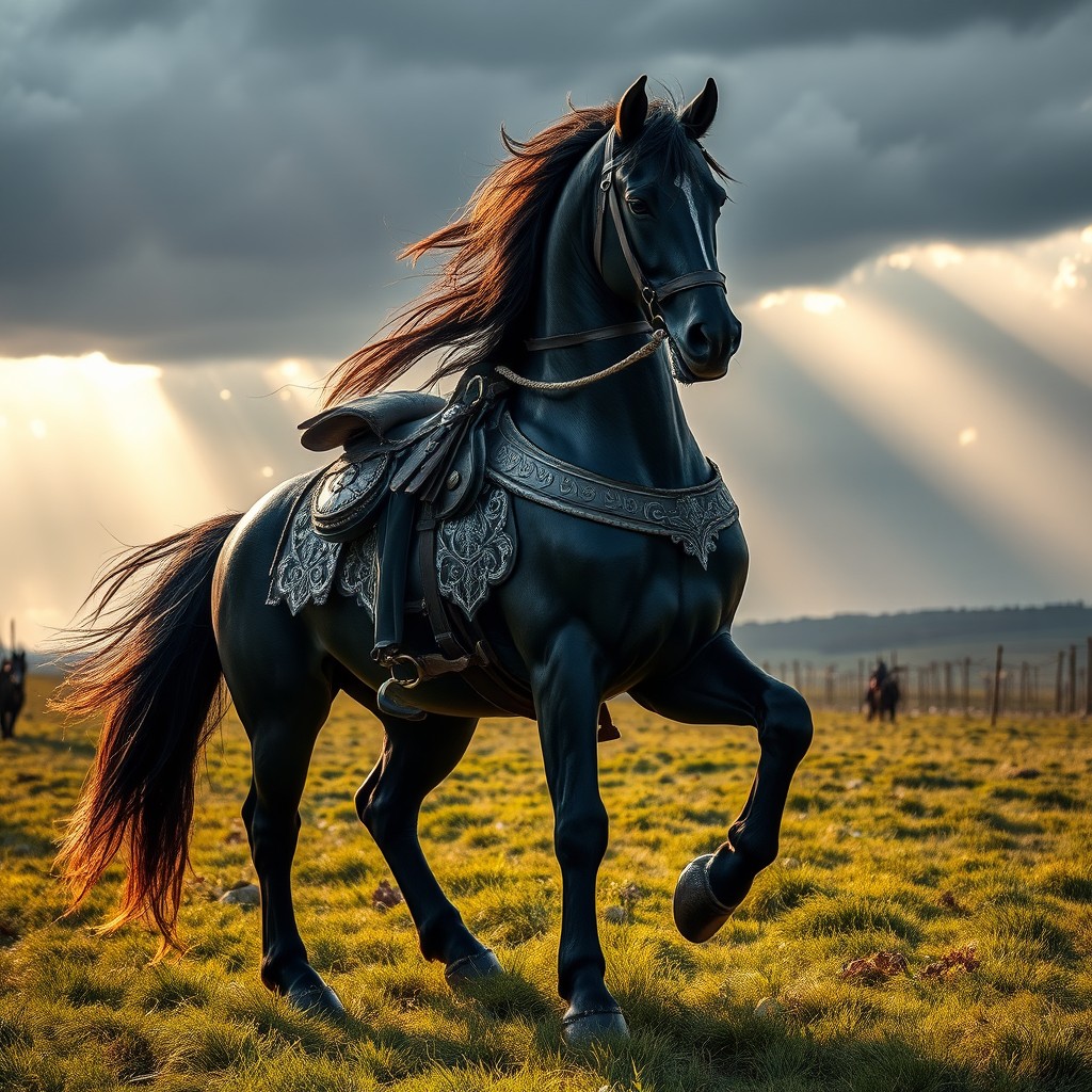 A majestic warhorse, strong and powerful, standing proudly on a grassy battlefield