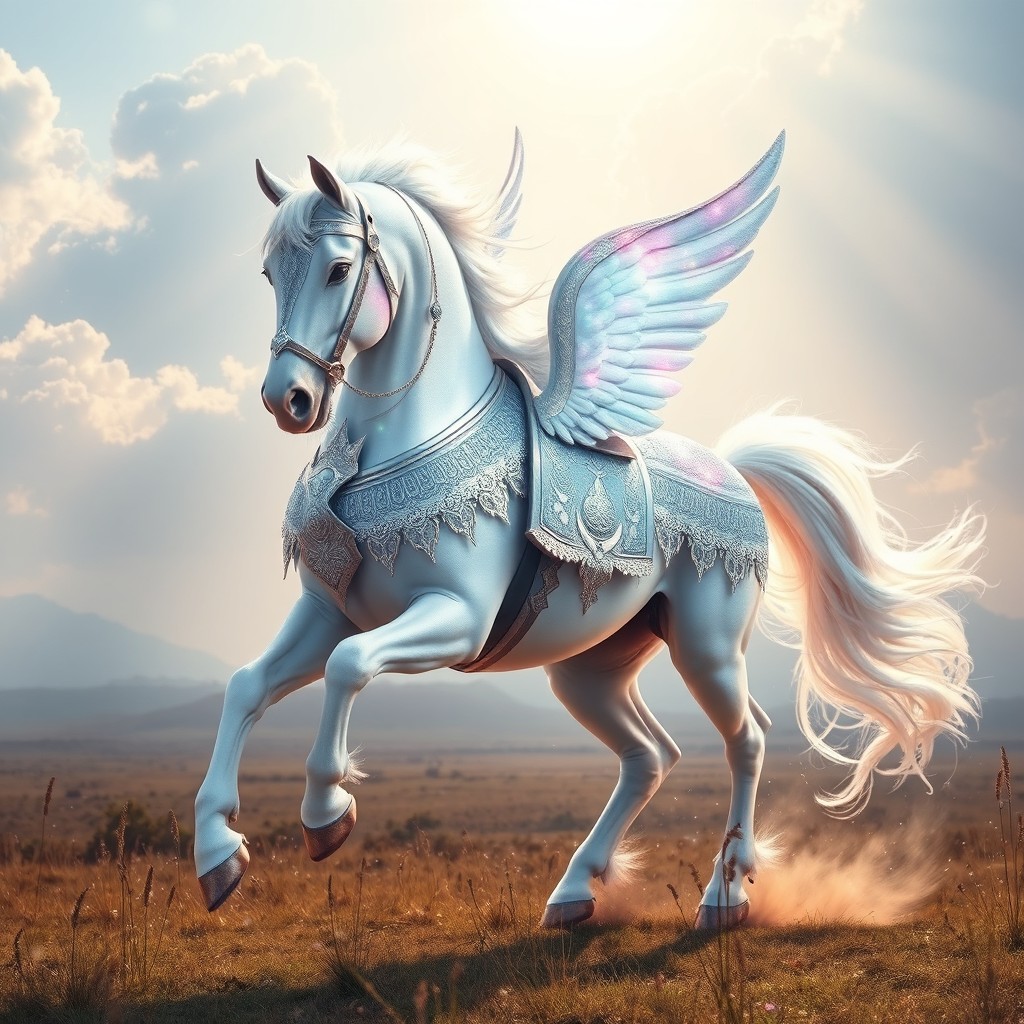 A magnificent white celestial warhorse, radiating an ethereal glow, stands heroically on a mystical battlefield