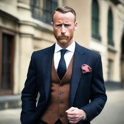 Generate a polished and striking image of Andrew Tate, emphasizing his suave style and charismatic demeanor.