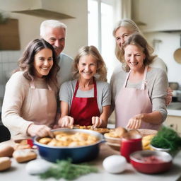 A middle-aged couple along with their daughters aged 21, 19, and 18, bustling in the kitchen, preparing Christmas and New Year meals. As they cook, they exchange presents, adding to the joy and warmth of the festive season