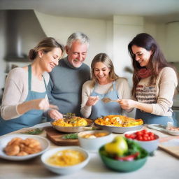 A middle-aged couple along with their daughters aged 21, 19, and 18, bustling in the kitchen, preparing Christmas and New Year meals. As they cook, they exchange presents, adding to the joy and warmth of the festive season