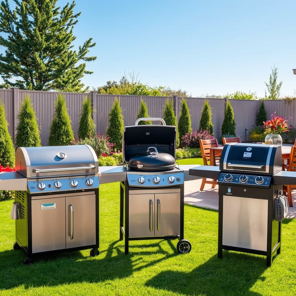 An assortment of luxurious outdoor grills displayed in a beautiful backyard setting, featuring a sleek stainless steel gas grill with multiple burners, a charcoal kettle grill with a warm smoky finish, and a modern pellet grill with digital controls