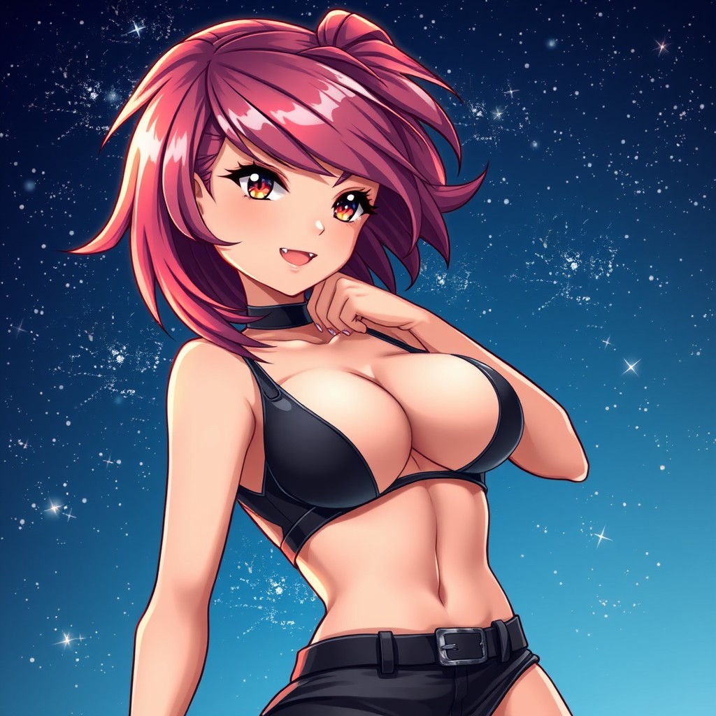 A sultry anime-style character with vibrant hair and striking features, wearing a stylish and form-fitting outfit that accentuates her curves