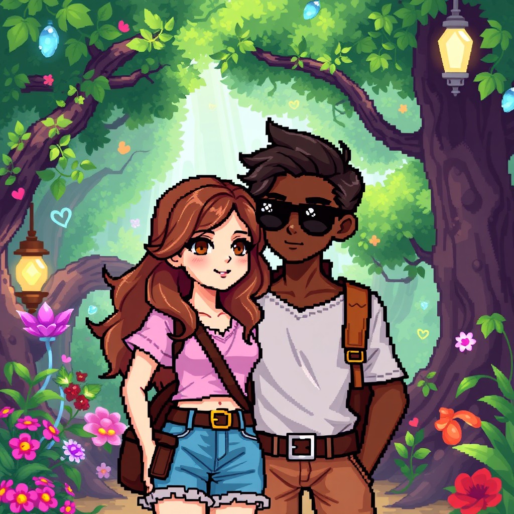 Pixel art of a young couple as RPG characters