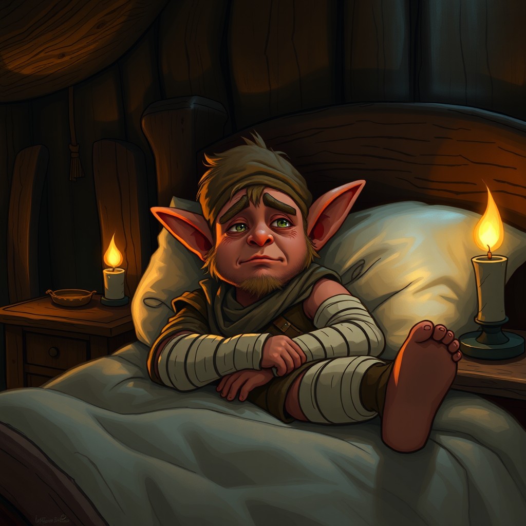 A halfling shepherd with a ruddy, sun-reddened face lying in a cozy inn's bed, surrounded by warm wooden architecture