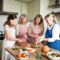 A middle-aged couple along with their daughters aged 21, 19, and 18, bustling in the kitchen, preparing Christmas and New Year meals. As they cook, they exchange presents, adding to the joy and warmth of the festive season