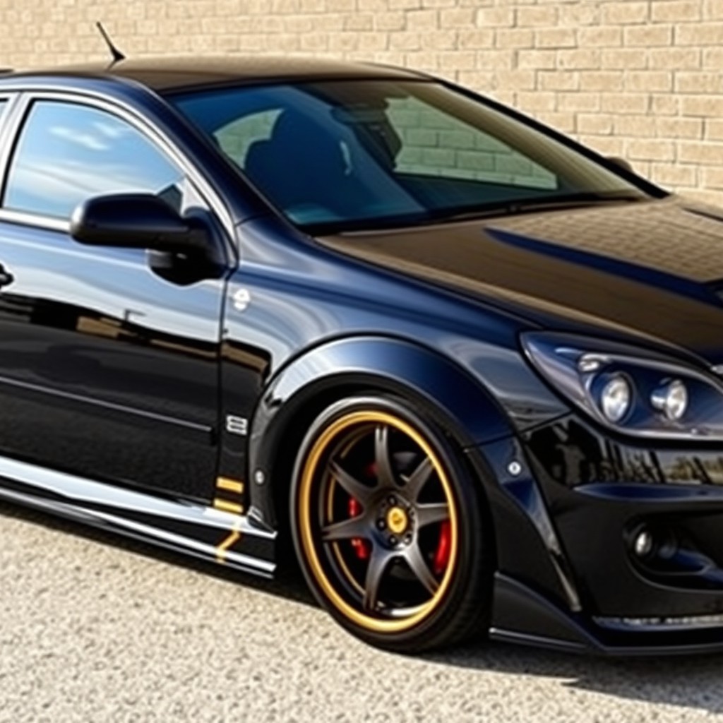 A high-resolution digital photograph of a modified black 2007 Opel Astra sedan with a widebody kit