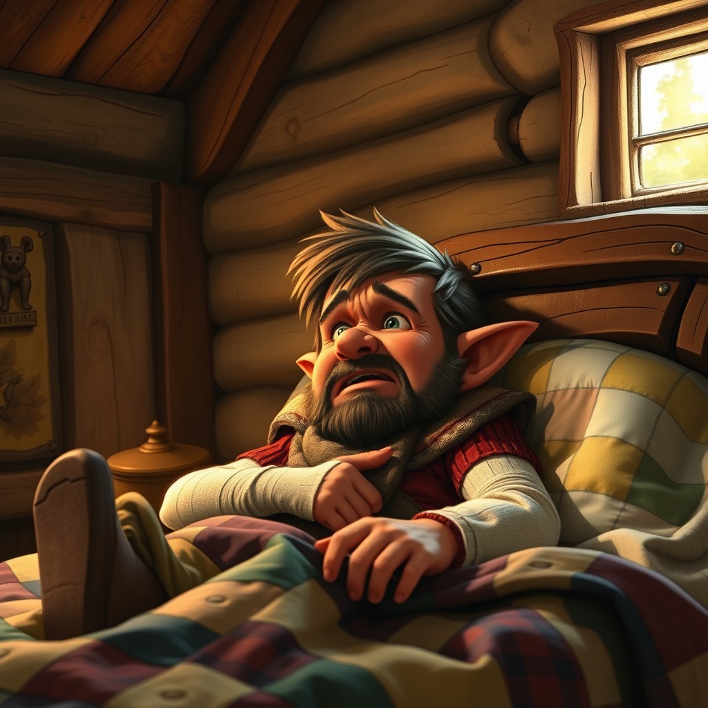 A 29-year-old halfling shepherd with a ruddy, sun-reddened face, bandaged left arm and right leg, lying in a cozy inn bed