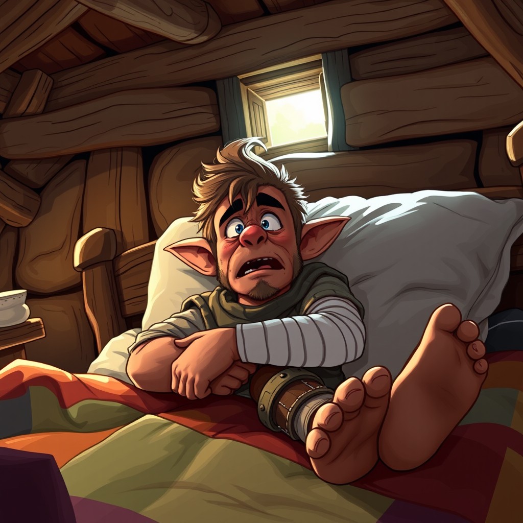 A 29-year-old halfling shepherd with a ruddy, sun-reddened face, bandaged left arm and right leg, lying in a cozy inn bed