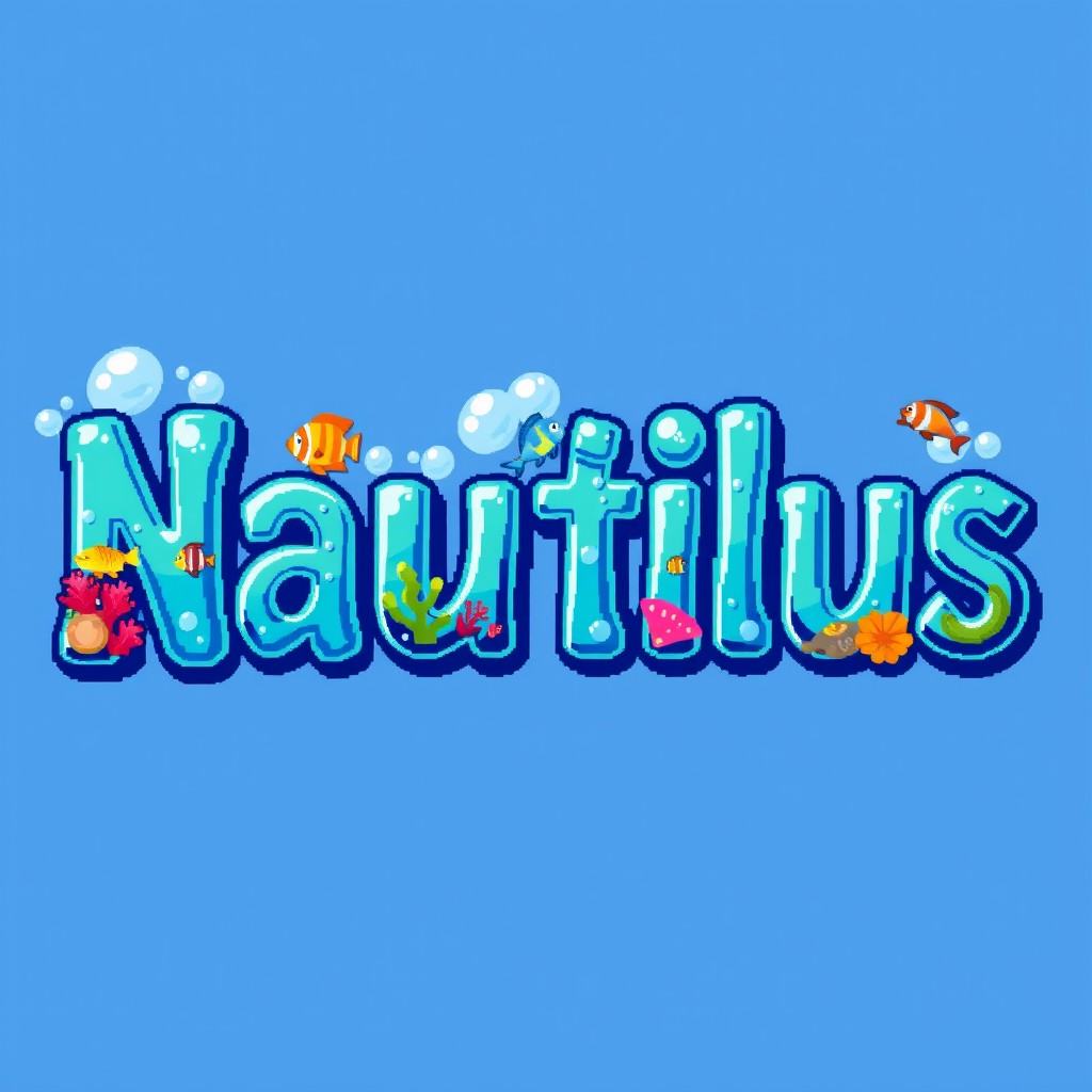 Pixel-style text that spells out "Nautilus" in a vibrant underwater theme, featuring elements like bubbles, fish, and coral integrated into the letters