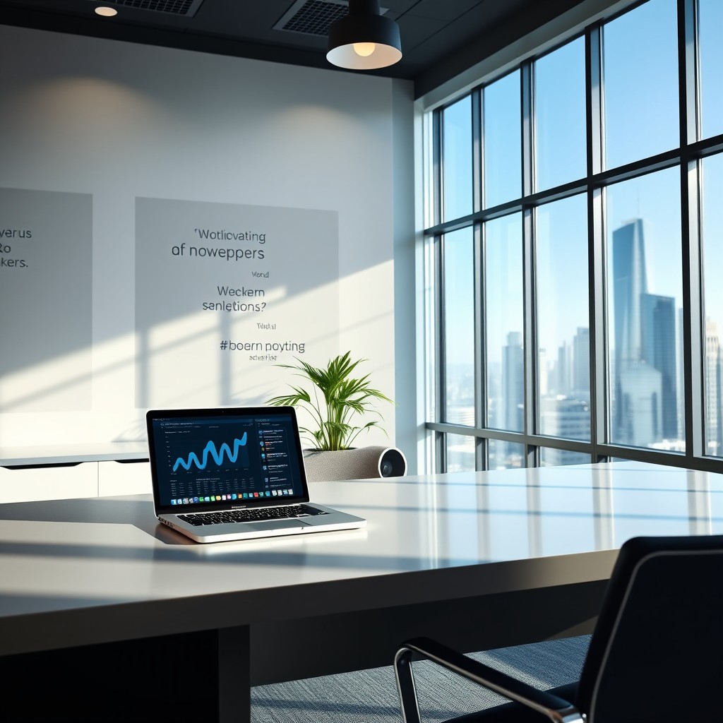 A professional LinkedIn cover photo featuring a modern office environment with a sleek desk, a laptop with data analytics on the screen, and a large window with a view of a city skyline