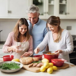 A middle-aged couple along with their daughters aged 21, 19, and 18, bustling in the kitchen, preparing Christmas and New Year meals. As they cook, they exchange presents, adding to the joy and warmth of the festive season