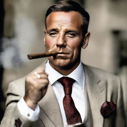 Generate a sophisticated image of Andrew Tate with a cigar, showcasing his charm and imposing presence.