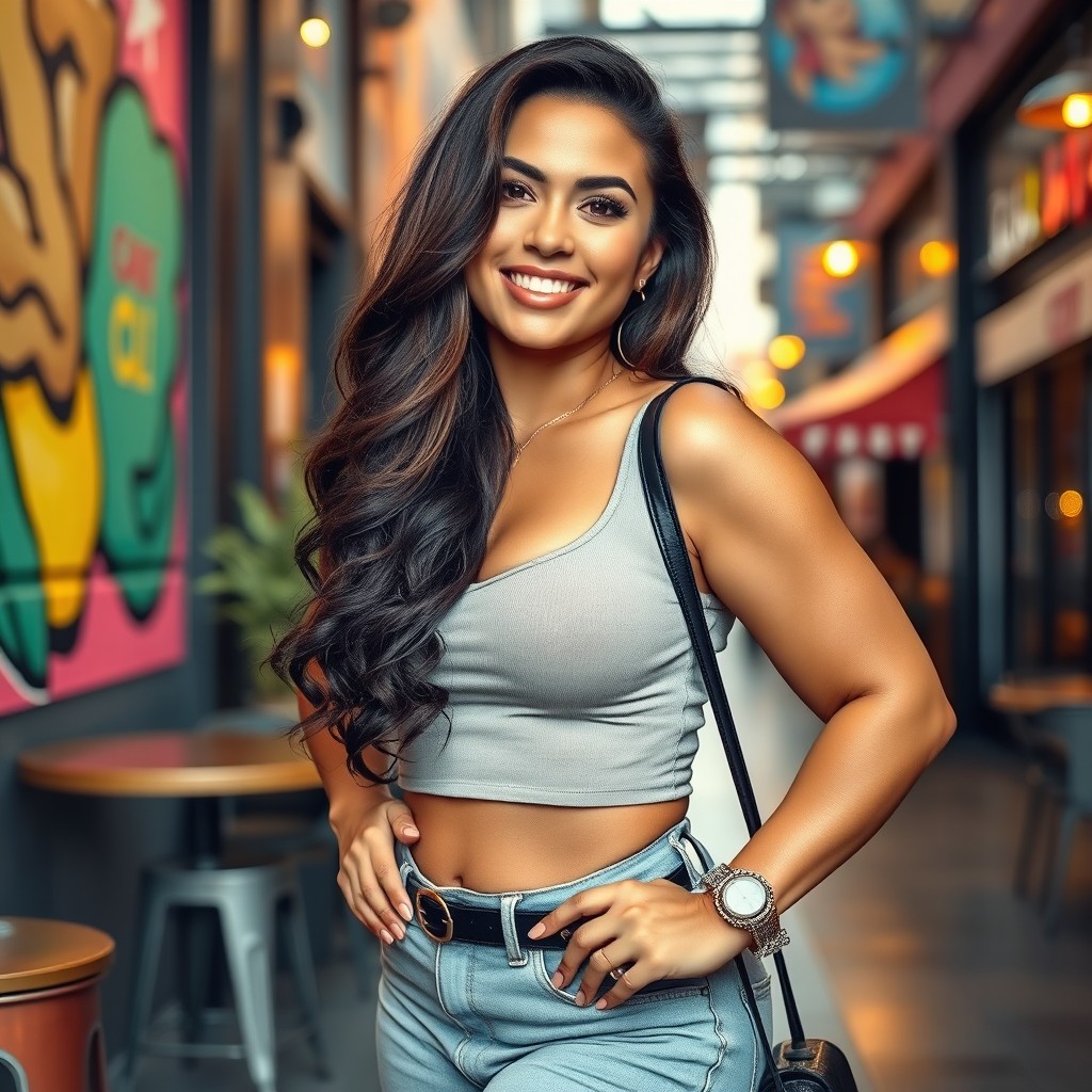A beautiful, curvy woman with a pronounced figure, confidently posing in a stylish urban setting