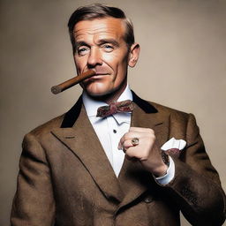 Generate a sophisticated image of Andrew Tate with a cigar, showcasing his charm and imposing presence.