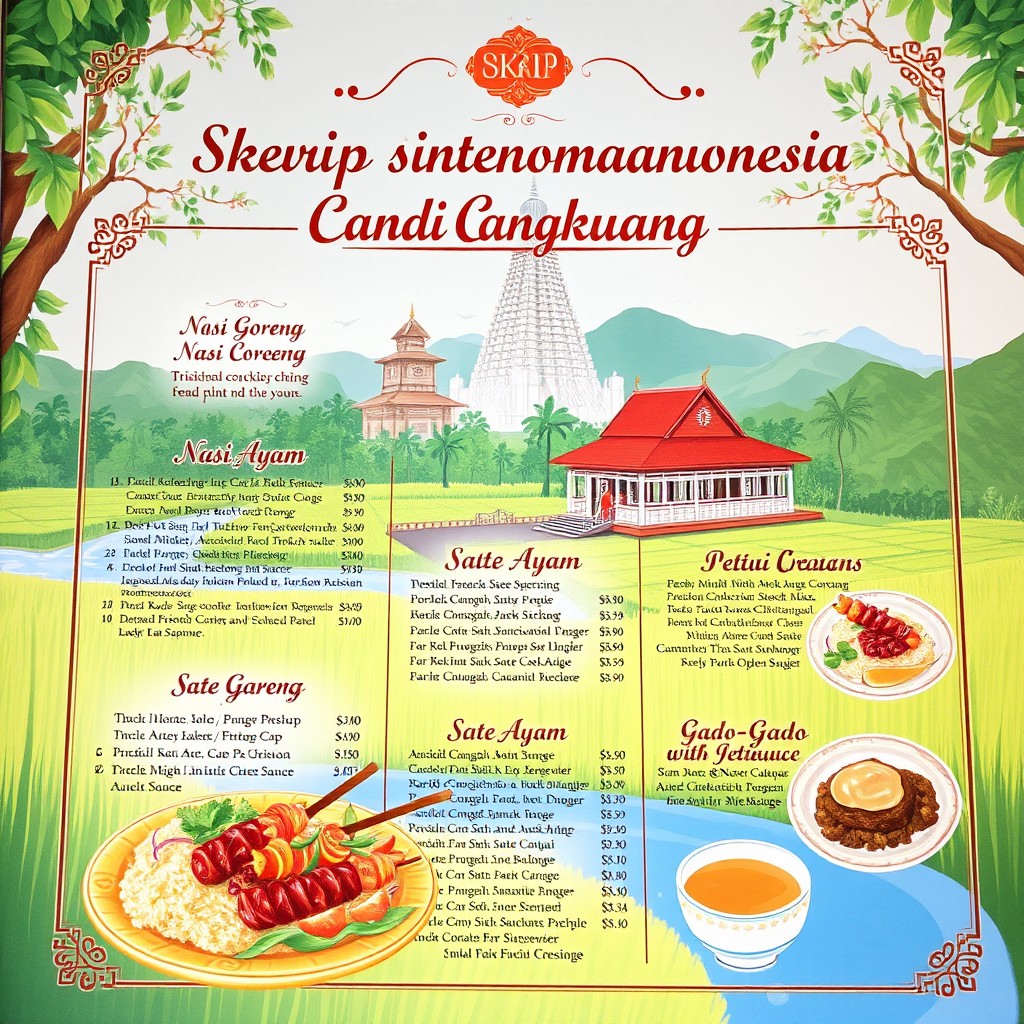 A beautifully illustrated menu board for a fictional restaurant named 'Skrip Situ Candi Cangkuang', featuring traditional Indonesian dishes
