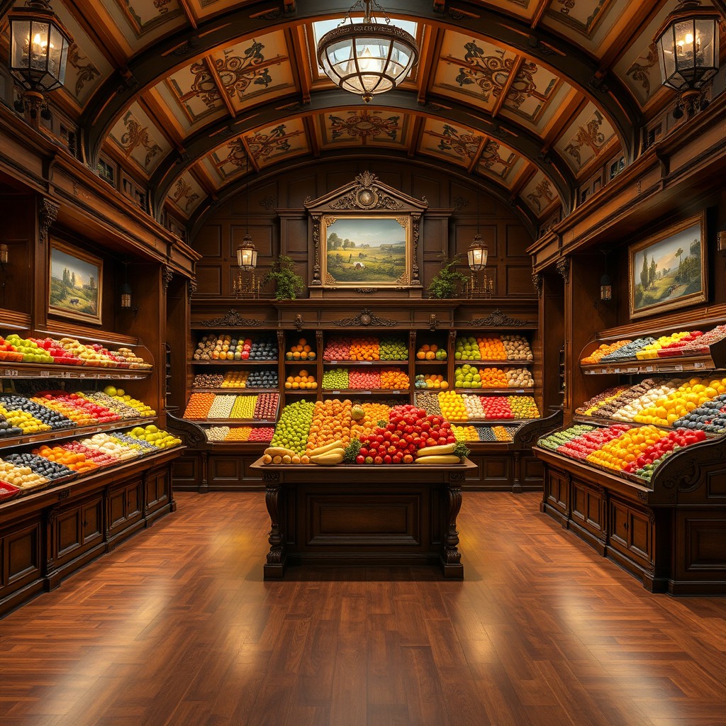 A classic premium-style interior of a fruit and vegetable pavilion, with an area of 30 square meters
