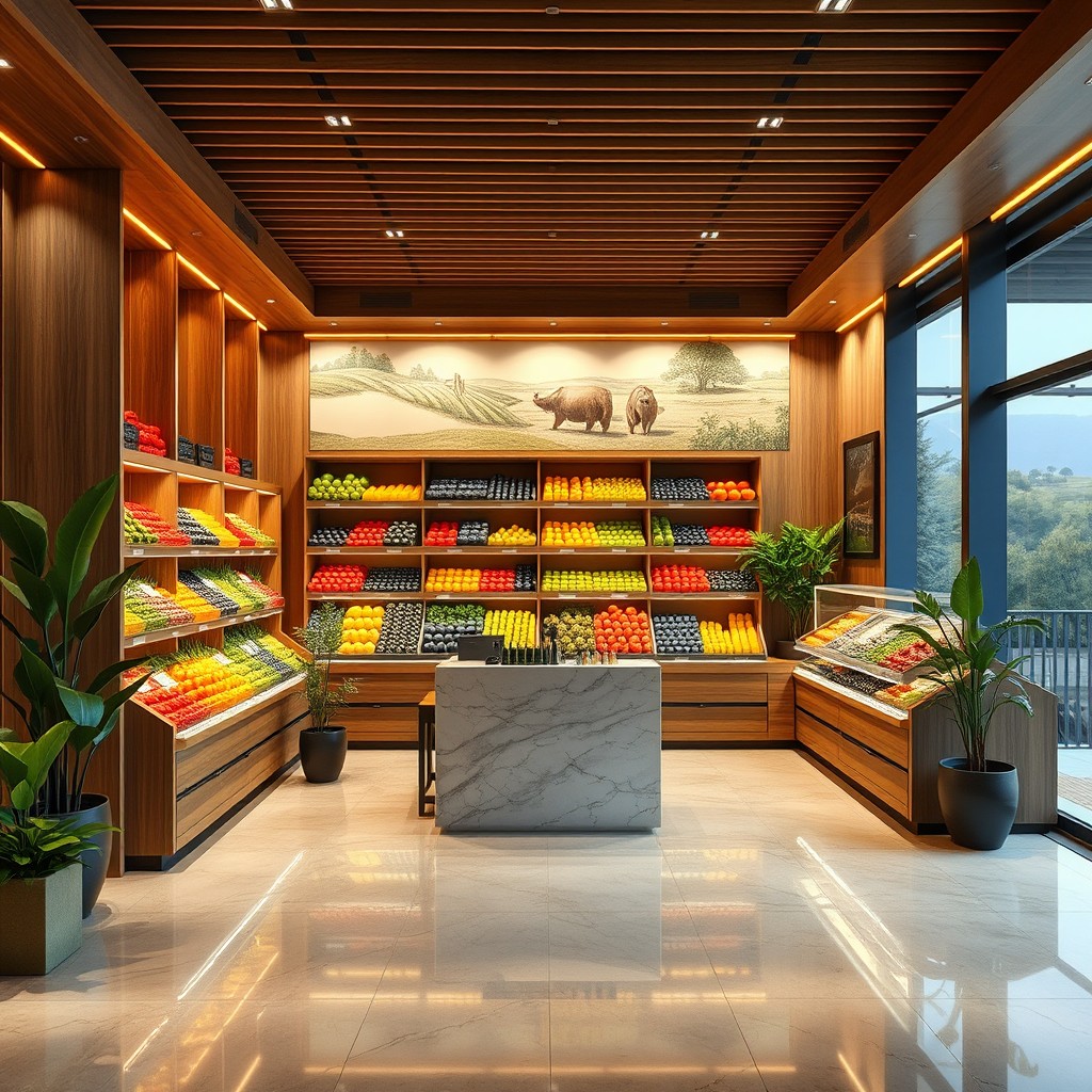 An upscale interior design of a fruit and vegetable pavilion measuring 30 square meters