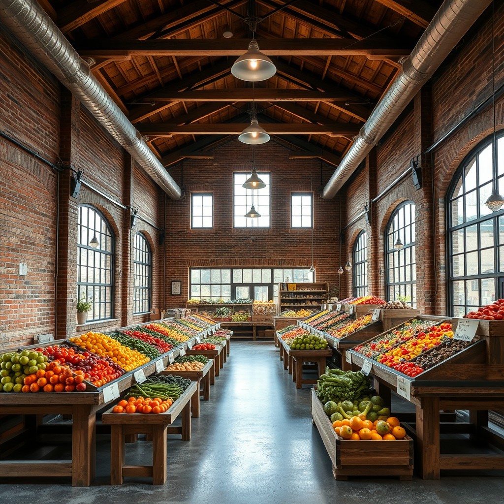 A loft-style interior of a fruit and vegetable pavilion, covering an area of 30 square meters