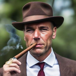 Generate a sophisticated image of Andrew Tate with a cigar, showcasing his charm and imposing presence.