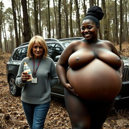 Next to a luxury SUV in the midst of an abandoned forest, a 50-year-old woman with very dark skin appears desnutrido, holding a baby bottle
