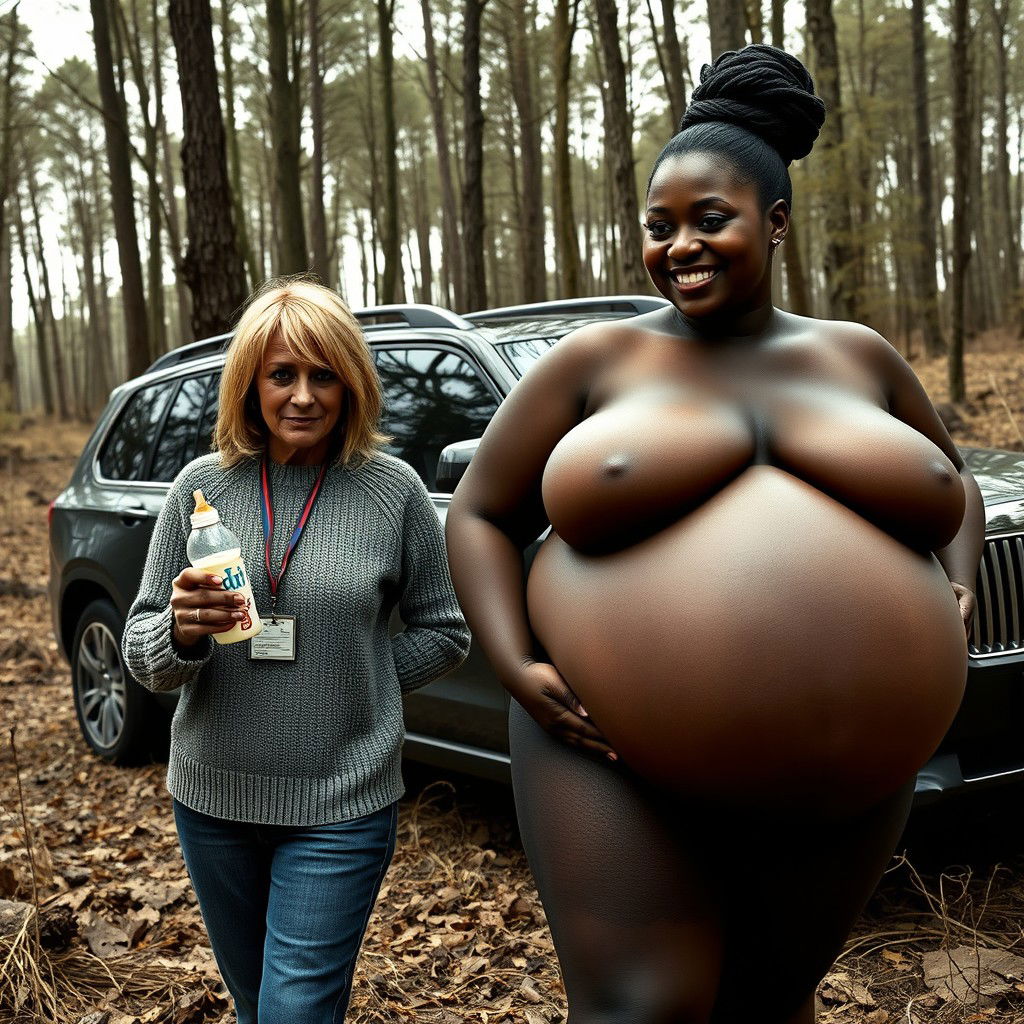 Next to a luxury SUV in the midst of an abandoned forest, a 50-year-old woman with very dark skin appears desnutrido, holding a baby bottle