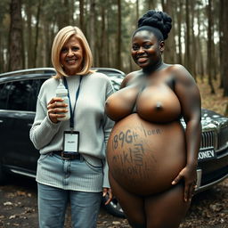 Next to a luxury SUV in the midst of an abandoned forest, a 50-year-old woman with very dark skin appears desnutrido, holding a baby bottle