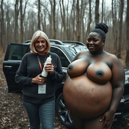 Next to a luxury SUV in the midst of an abandoned forest, a 50-year-old woman with very dark skin appears desnutrido, holding a baby bottle