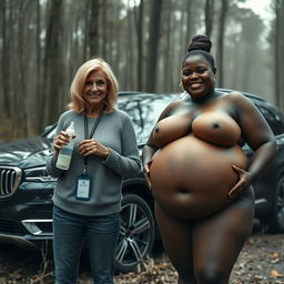 Next to a luxury SUV in the midst of an abandoned forest, a 50-year-old woman with very dark skin appears desnutrido, holding a baby bottle