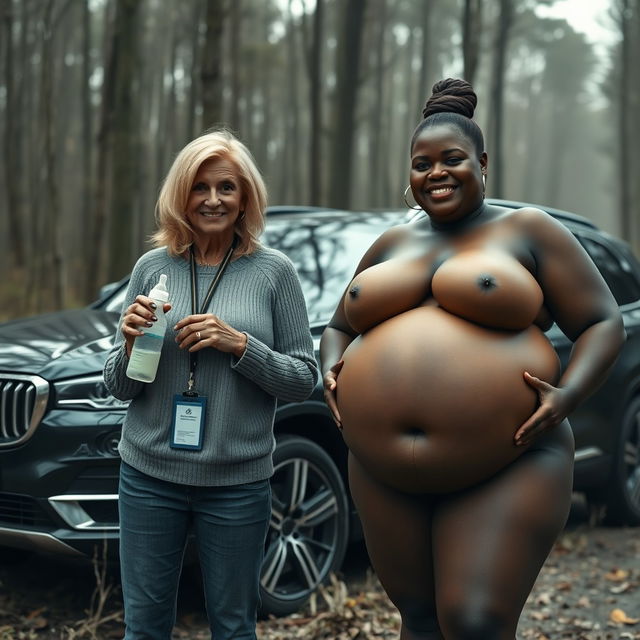 Next to a luxury SUV in the midst of an abandoned forest, a 50-year-old woman with very dark skin appears desnutrido, holding a baby bottle