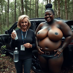 Beside a luxurious SUV in the heart of an overgrown, abandoned forest, stands a 50-year-old woman with very dark skin, appearing undernourished