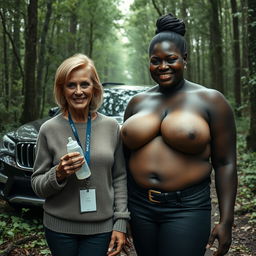 Beside a luxurious SUV in the heart of an overgrown, abandoned forest, stands a 50-year-old woman with very dark skin, appearing undernourished