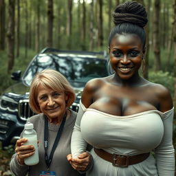 Beside a luxurious SUV in the heart of an overgrown, abandoned forest, stands a 50-year-old woman with very dark skin, appearing undernourished