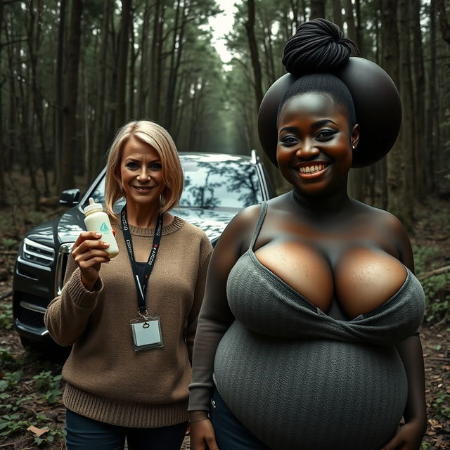 Next to a luxurious SUV in the midst of a dense, abandoned forest, stands a 40-year-old woman with very dark skin, appearing undernourished