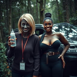 A luxury SUV parked in the middle of an abandoned, dense forest