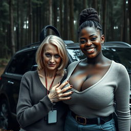 A luxury SUV parked in the middle of an abandoned, dense forest